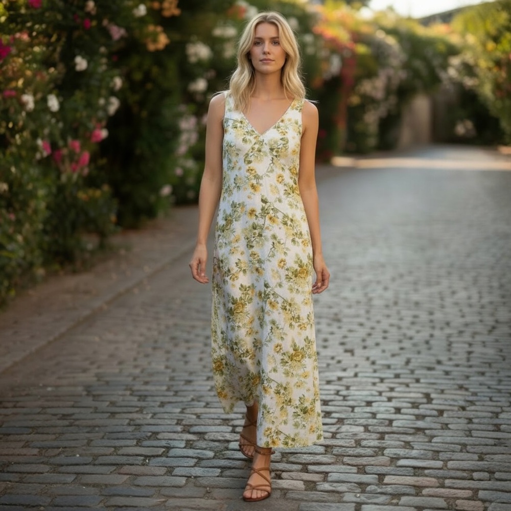Laura Ashley Vintage Floral Feminine Cottagecore Midi Dress Linen‎ Blend Size 10
